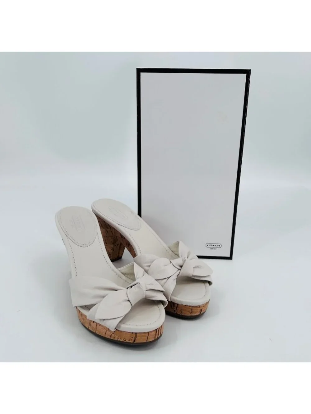 Coach Karen Slide Sandals White Size 7.5M Leather Cork Wedge Bow Platform Mules